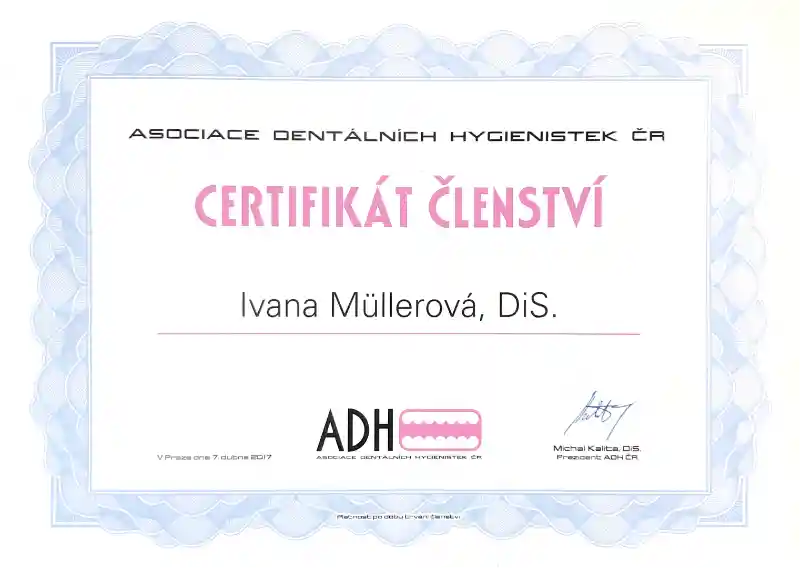 Certifikát členství – Asociace Dentálních Hygienistek ČR